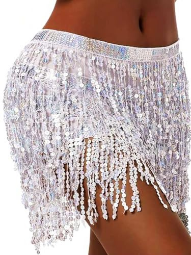 IYOU Pailletten Quasten Rock Silber Bauchtanz Hüfte Schal Fransen Mini Wraps Röcke Festival Rave Outfit für Frauen und Mädchen