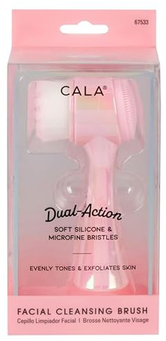 CALA Dual-Action Facial Cleansing Brush, Iridescent Pink, Soft Silicone and Microfine Bristles