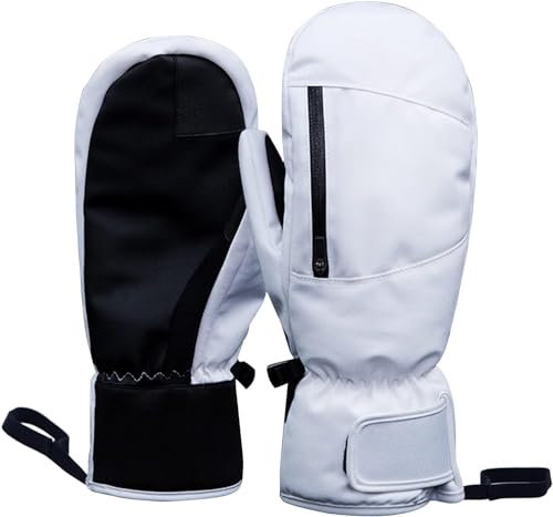 Jannity Ski-Fäustlinge für Damen, Golfhandschuhe für Herren, wasserdichte Touchscreen-Handschuhe mit Reißverschlusstasche für Winter, Snowboard, Schneemobil (weiß)