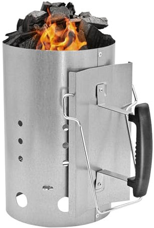 PAXLINSEN Anzündkamin, 19X30CM Tragbarer Kohleanzünder, Grillkamin für Holzkohle und Briketts, Anzündkamin mit Griff und Kipp-Hilfe, Silber