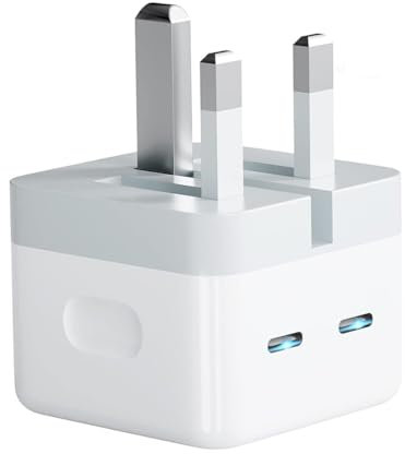 Dual USB C Plug UK, 50W Fast Charger Plug For iPhone 15 14 13 12 Pro Plus, USBC Charging Brick With Double 25W Ports For iPhone, Apple Watch, iPad, Tablet, Samsung, Galaxy, Android (White)