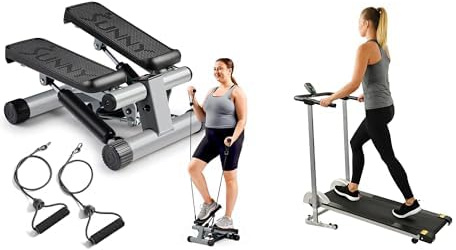 Sunny Health & Fitness Mini Stepper Machine, with Resistance Bands and LCD Monitor + Foldable Manual Treadmill, Compact Cardio Fitness, Durable Non-Electric Incline Exercise