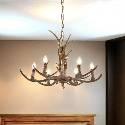 Licht-Erlebnisse Kronleuchter Braun aus Resin künstliches Geweih Ø 80 cm groß H: max. 1,2 m verstellbar 6-flammig E14 Rustikal Hängelampe Wohnzimmer