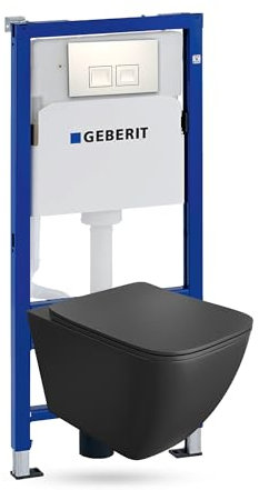 Lavita Duofix Basic Vorwandelement + Wand Tiefspül WC Onil Schwarz Spülrandlos + WC Sitz + Bedienplatte Delta 25 Weißer Knopf Komplettset Unterputz Spülkasten Toilette Komplett Sett WC