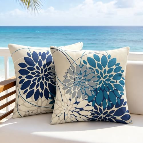 DecorMommt Sofakissen Wasserdicht Zierkissenbezug Navy Blau 40x40cm Dekokissen Outdoor Wetterfest Kissenbezug Sommer Blume Kissenbezüge Leinen 2er Kissenhülle für Wohnzimmer Garten Garten Sofa Deko