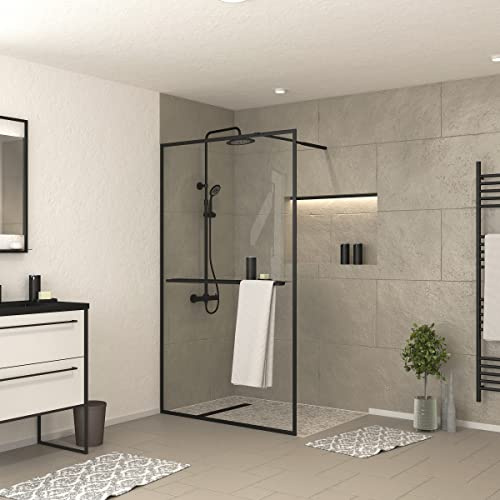 Marwell Walk In Dusche Black Frame Shelf 120x200 cm - Duschwand mit 6 mm Einscheibensicherheitsglas - mit ausziehbarem Handtuchhalter - hochwertige Aluminiumrahmen