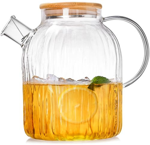 Peohud Large Glass Tea Pot Stovetop Safe, 60oz/1.8L Loose Leaf Teapot with Bamboo Lid, Glass Pitcher, Clear Tea Kettle with Removable Filter Spout, Teapot for Loose Leaf and Blooming Tea