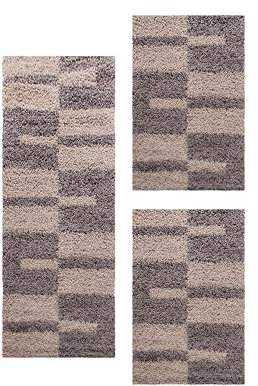 Teppich Hochflor Bettumrandung Läufer Set Kariert Design 3-Teilig Shaggy Teppich, Taupe, 2 St. 80x150 cm | 1 St. 80x250 cm
