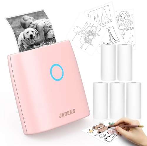 JADENS Aufkleber Drucker JD21 Fotodrucker mit 5 Rolle Thermopapier für Smartphone, Bluetooth Etikettendrucker für DIY Erstellung, Studiennotizen, Bilder(Rosa)