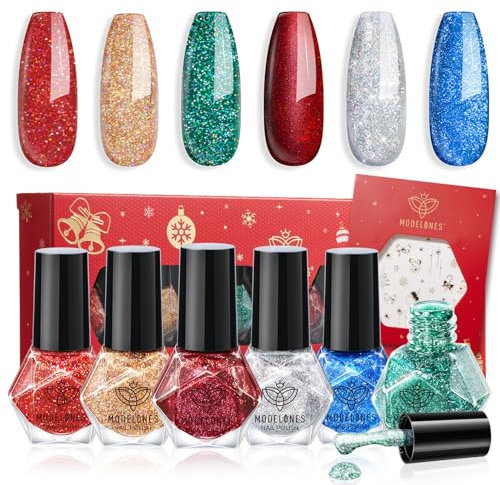 Modelones Nail Polish Set 6 Colors Christmas Red Green Gold Silver Glitter Quick Dry Nail Varnish Manicure Diy Home Salon For Women