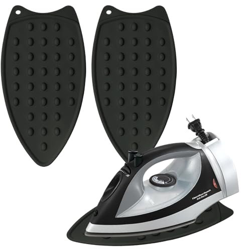 GOCUODE 2 Pezzi Pad in Ferro Resistente al Calore,Poggia Ferro in Silicone,Tappetino per Ferro da Stiro con Foro per Appendere,per L'isolamento Termico e la Prevenzione delle Scottature (Nero)