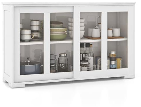 KOMFOTTEU Sideboard Beistellschrank, Küche Kommode mit Glas Schiebetüren, Küchenschrank Holz mit Verstellbare Ablage, Buffetschrank 107x33x64 cm für Flur Esszimmer (Reinweiß)