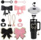 12PCS Schleifen-Stil Tumbler Zubehör für Stanley Cup, Stroh Cover Cap, personalisierte Aufkleber und Charms für Tumbler, Stroh Cover Cap und Leck Stopper für Stanley Cup (schwarz-rosa)