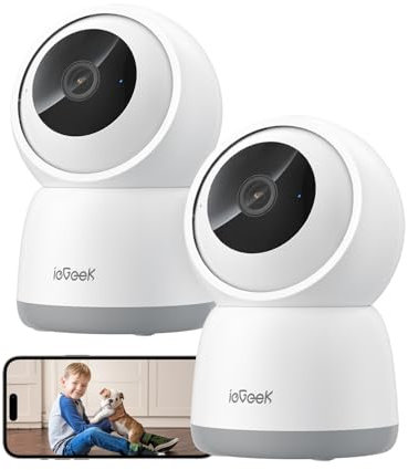 ieGeek 2K Telecamera WiFi Interno 2,4/5GHz, 3MP Videocamera Sorveglianza, Tracciamento del Movimento e Rotazione a 360°, Visione Notturna, Audio Bidirezionale, Registrazione 24/7, SC1, 2 Pezzi/Bianco