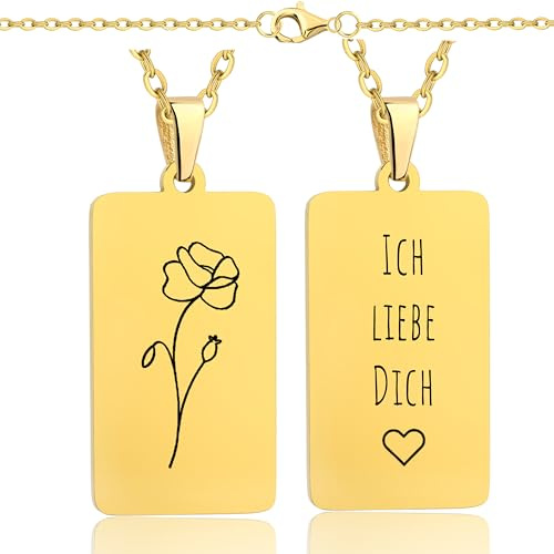 Lumari Gold Personalisierte Halskette mit Geburtsblume & Initialen Gravur – Rechteck Medaillon Gold, Edelstahl Anhänger langlebig & hypoallergen – Geschenk für Damen, Herren, Partner & Familie