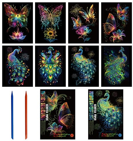 KAOTPO Kratzbilder Set DIY Kratzbilder Bastelsets für Erwachsene, Nachtleuchtend Scratch Art Painting DIY Set Erwachsene(Pfaue+Schmetterling)