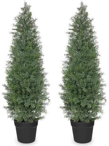 Briful Set mit 2 künstlichen Zedernbäumen – 90 cm hohe künstliche Zypressenpflanzen in Töpfen mit abnehmbaren Stämmen, realistische grüne Blätter, UV-beständige Formschnittbäume für Veranda und