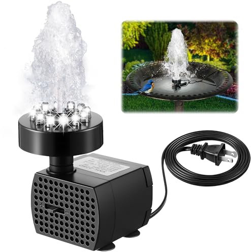Dunkive Bird Bath Fountains with 12 LED Lights, 4W 24 Hour Working Small Fountain Pumps Outdoor, Adjustable Watering Submersible Pump for Garden, Pond, Create a Stunning Cool White Water Feature
