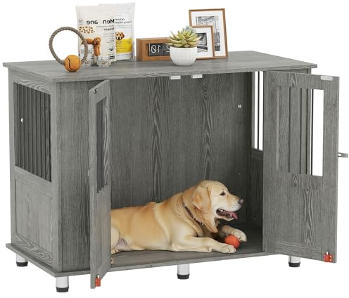 PawHut Jaula para Perros Grandes Desmontable 2 en 1 Mesa Auxiliar con 2 Puertas con Pestillo 4 Ventanas y Patas Ajustables 114x60x82 cm Gris