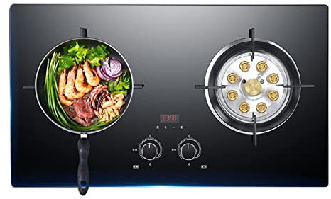 GAROEN Cuisinière à gaz 2 brûleurs, 9 cavités, Supports de casseroles en Fonte à Flamme Haute, synchronisation bilatérale, Convient pour la cuisinière indépendante du câble (NG)