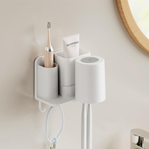 Trlyane Soporte para Cepillos de Dientes con 1 Vaso y 1 Compartimento | Montaje Adhesivo en Pared sin Taladrar, para Cepillos Eléctricos, Fácil Limpieza, Organización Multifuncional Individual