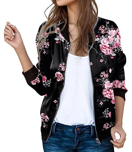 Giubbotto Bomber Giacca Primaverile Donna Elegante Elegante Capispalla di Manica Lunga con Zip Stampa Sportiva Iacche Tinta Unita con Tasca Tops Leggero Giacca Mezza Stagione Giacchetto