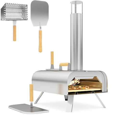 Outsunny Outdoor Pizza Oven, Portable Wood Pellet Pizza Oven with Pizza Stone and Peel, Foldable Legs, Chimney, 12 Inch Wood Fired Pizza Maker for Outdoor Cooking, Stainless Steel