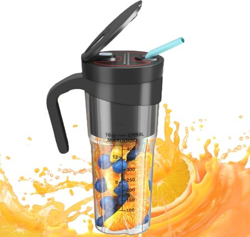 Portable Blender, 460ml Mini Smoothie Maker, Cordless Blender with Leakproof Lid & Straw, Rechargeable Juicer Machines for Fitness, Office, Going Out, Home (BLACK)