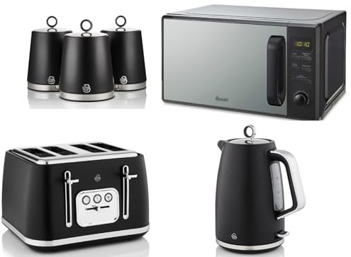 Swan Serenity Black 1.7L 3KW Kettle, 4 Slice Toaster, Tea, Coffee, Sugar Canisters and 20L 800W Digital Microwave SM4421BLK. Contemporary Design Matching Kitchen Set with a Sleek Black Finish