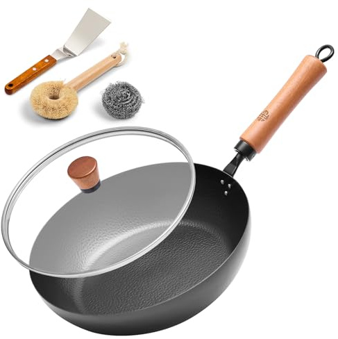 WANGYUANJI 11 Iron Skillet with Glass Lid & Griddle Spatula, Flat-Bottom Frying Pan, Uncoated & Unseasoned, Induction/Gas/Electric Compatible, Wooden Handle (Seasoning Required)