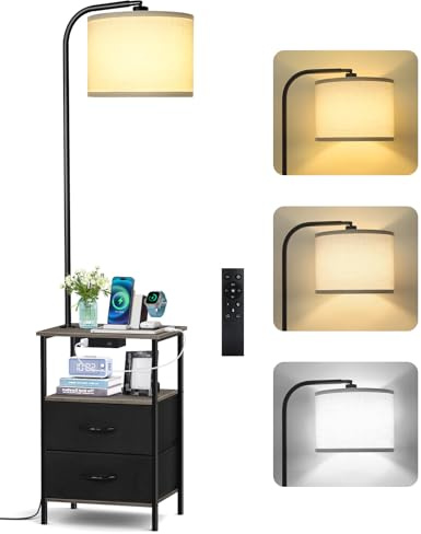 OUTONLIFE Lampadaire sur Pied avec Table d’Appoint et Télécommande, Lampe Dimmable à 3 Températures, Table de Chevet avec Ports USB, LED 12W, 2 Tiroirs en Tissu et Étagères pour Salon ou Chambre