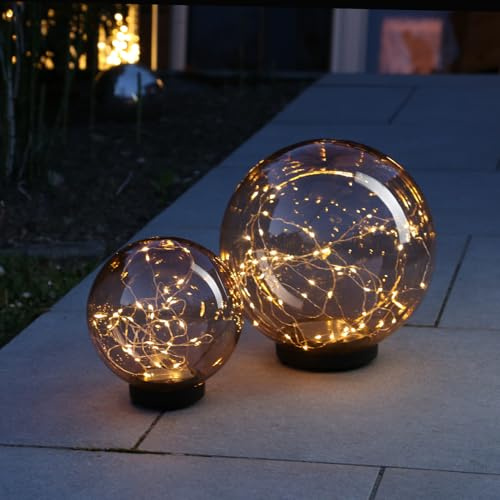 LED Solar Kugel Tisch Gartenleuchte mit Drahtlichterkette bernstein amber (2er Set)