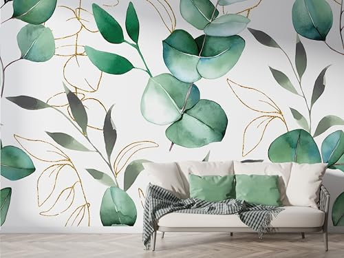 Boceoey Papier Peint Panoramique Eucalyptus Plante Tropicale - Papier Peint Intissé Autocollant - Aquarelle Feuilles Décoration Murale - Adhésif Mural pour Salon Chambre, 300x210 cm - N-894