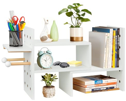 Hossejoy Desktop Bookshelf & Organiser, Adjustable Wood Desk Organizer Shelf Rack, Small Counter Top Bookcase Free Style Display Stand, Space Saving Bookshelf for Home Office - Easy Assembly
