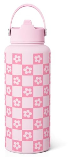 Wasserflasche für Mädchen Rosa Karomuster Trinkflasche aus Edelstahl (946 ml) mit Deckel und Strohhalm, isolierte Flasche mit Schachbrettmuster, Geschenkidee für Frauen