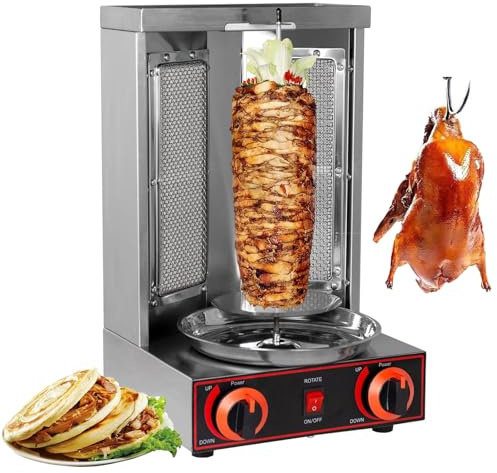 Máquina Para Asar Shawarma, Asador De Kebab a Gas (GLP), Asador Vertical De Kebab a Gas Con 2 Quemadores, Asador De Carne Giratorio De 360° De Acero Inoxidable, Para Cocina De Restaurante En Casa