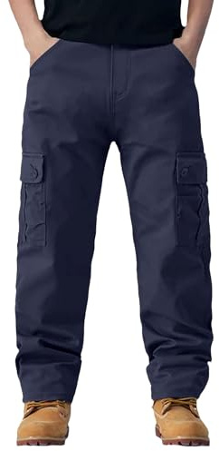Pantalones cargo de invierno con forro polar para hombre, pantalones de trabajo gruesos y cálidos con 6 bolsillos para correr, senderismo, clima frío, ajuste holgado, azul marino, 3XL