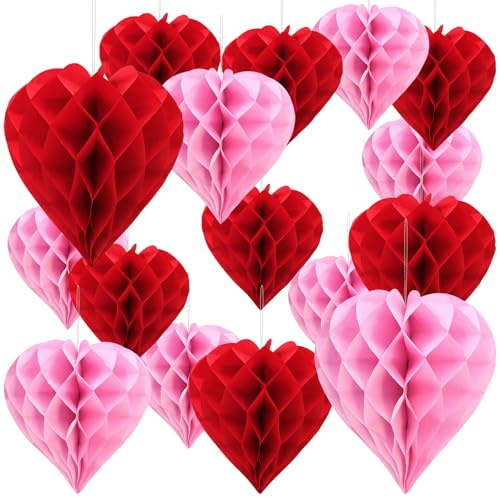 Cisolen 16 Stück Valentinstag Deko Papier Wabenbälle Hängende Seidenpapier Honeycomb Balls Wiederverwendbare Romantische Herz Waben Heiratsantrag Verlobung Deko für Hochzeit Party Verwendet Jubiläum
