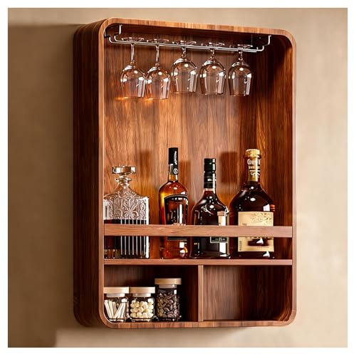 DHNDSDP Wooden Wine Rack with Railing Finely Sanded Wall-Mounted Shelves with Upside-Down Glass Holder 1-Piece Construction Multi-Layer Wood Bending Craftsmanship Wide Panel