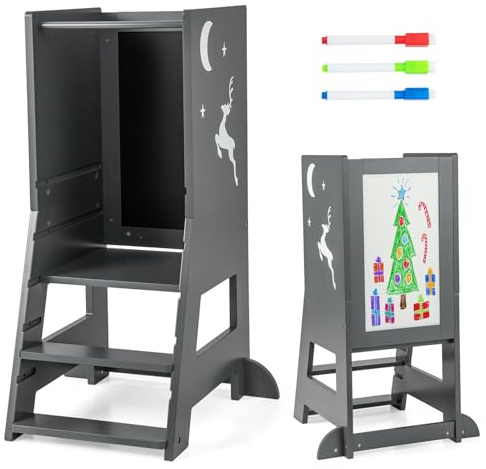 COSTWAY Lernturm Kinder, 2 in 1 Tritthocker Montessori mit 3 verstellbare Höhen & doppelseitiger Tafel, Trittschemel mit 3 Stiften, Küchenhelfer für Kinder ab 1 Jahren, 70 kg Belastbar (Grau)