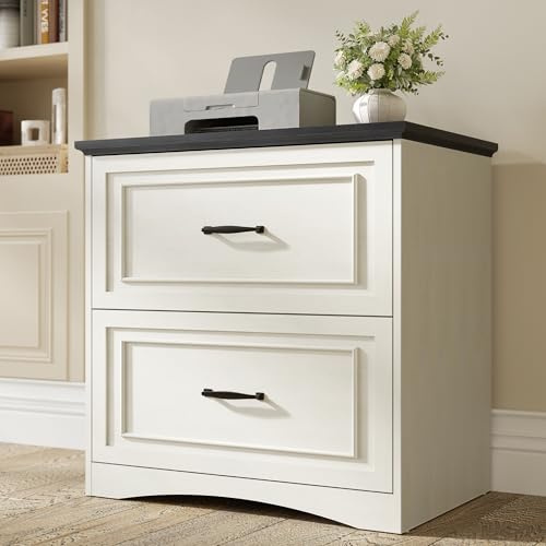 FEZIBO Farmhouse File Cabinet, 30 Lateral Filing Cabinet with 2 Drawers and Hanging Rods, Storage Wood Cabinet for Home Office, Living Room, Bedroom, Pure White
