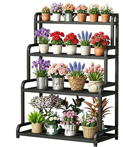 DMCHENGMA Porta piante per interni ed esterni, vasi da fiori alti a 4 livelli, mensola porta fiori in metallo nero, fioriera a più livelli con scaletta in ferro battuto(80x50x135cm)