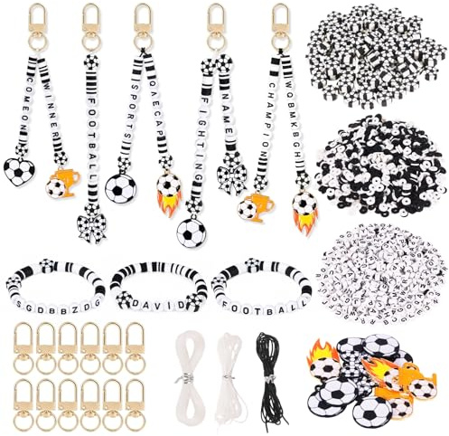 MWOOT Fußball Perlen Schlüsselanhänger Bastelset,armbänder selber machen, handgefertigte Taschenanhänger Bastelarbeiten, DIY Schlüsselanhänger Set mit Fußballperlen, Anhängern & Buchstabenperlen