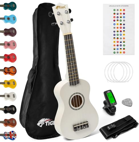 Tiger Kit de Ukelele Soprano, Principiantes Paquetes, Color Blanco