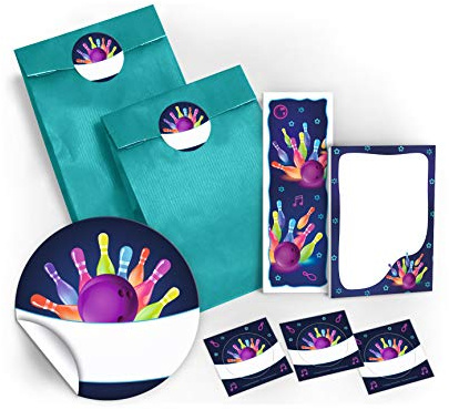 JuNa-Experten 12 Geschenktüten/Petrol + 12 Aufkleber + 12 Lesezeichen + 12 Mini-Notizblöcke Bowling neon/Mitgebsel Gastgeschenk für Kinder Jungen Mädchen beim Kindergeburtstag Geburtstag