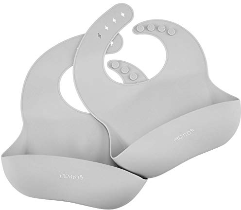 PREMYO Set de 2 Bavoir Bébé Maternelle Récupérateur - Silicone Souple Confortable Imperméable Élastique - Garçon Gris