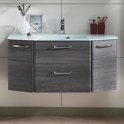 Lomadox Badmöbel Set in Graphit grau Struktur, Waschtisch-Unterschrank mit 112cm Glas-Waschbecken, 2 Türen, 1 Klappe, 1 Schubkasten, B/H/T 112/53,3/48 cm