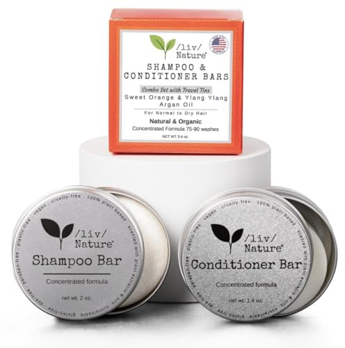 /liv/ Nature Shampoo Bar and Conditioner Set with Travel Case | Volume and Moisture for Dry Hair | Orange, Ylang Ylang, Argan Oil | Made in USA | 2-pk