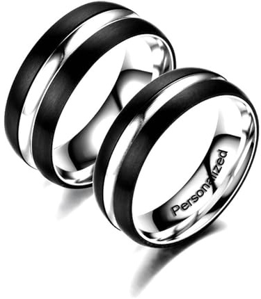 Ihanskio Anillo Personalizado Para Pareja De Anillos De Patrón De Rayas Azules En El Interior Puede Grabar Anillos De Compromiso De Boda De Promesa (Black, Custom)