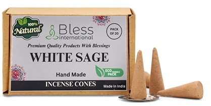 Bless-International White Sage Incense-Cones Handmade-Hand-Dipped Organic-Chemicals-Free for-Purification-Relaxation-Positivity-Yoga-Meditation The-Best-scents (20 Count)